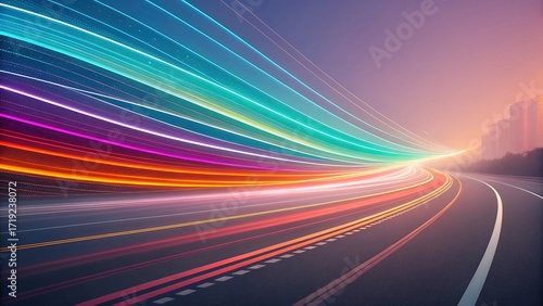 Colorful abstract motion blur streaks create a dynamic sense of movement along a winding road at dusk in a vibrant urban setting