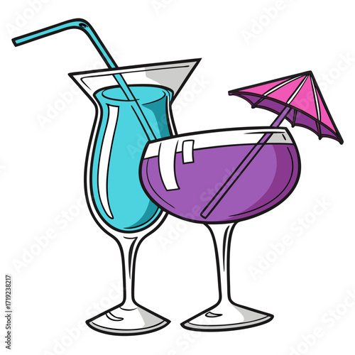 Stylish 3D rendering of fresh fruit alcohol cocktails in glasses with garnish, isolated modern design.