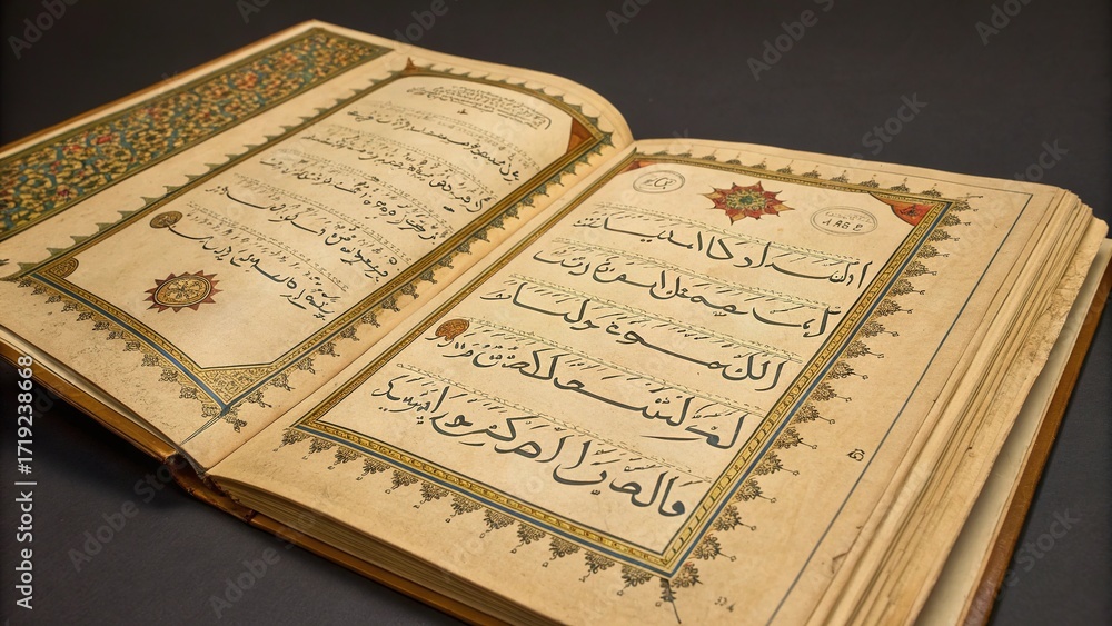 Fototapeta premium Antique manuscript featuring intricate calligraphy and decorative borders from the 19th century Middle East