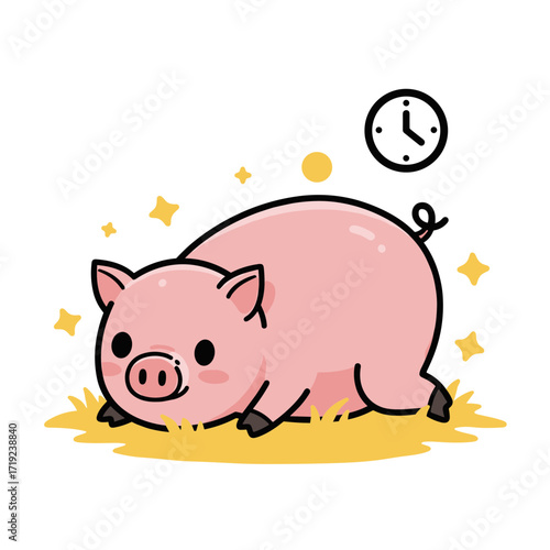 Smiling Pink Pig Cartoon on Hay
