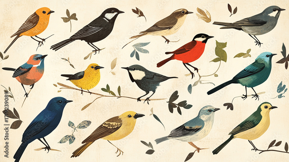 Fototapeta premium Various birds illustrated in natural history style on vintage background 