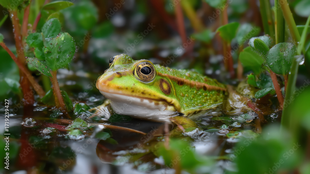 Fototapeta premium Close Up of a Green Frog with Yellow Eyes Amidst Greenery in Murky Water