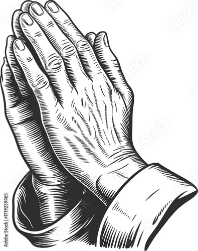 Vintage praying hands illustration in engraving style, symbol of faith, spirituality, religion, devotion, worship, prayer, hope and blessing.