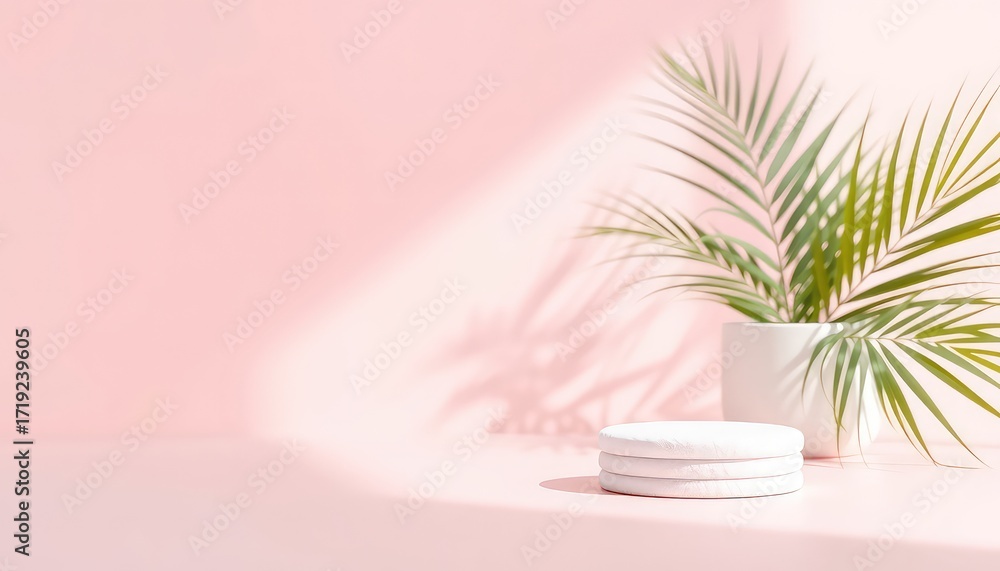 Fototapeta premium Minimalistic composition featuring a small platform, a potted plant, and soft shadows against a subtle rosy background