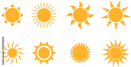 Collection of stylized yellow sun icons with varying ray designs