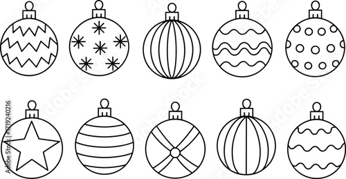 Black and white Christmas ornaments, festive holiday decorations, printable coloring page, winter craft design, DIY art, seasonal decor inspiration