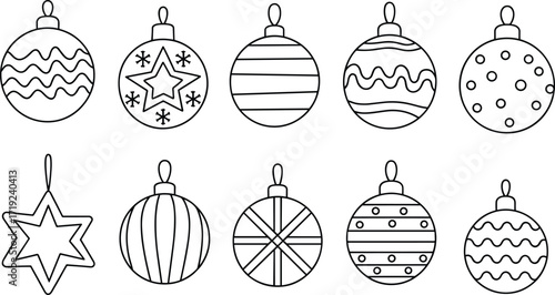 Black and white Christmas ornaments, festive holiday decorations, printable coloring page, winter craft design, DIY art, seasonal decor inspiration