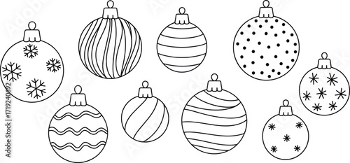 Black and white Christmas ornaments, festive holiday decorations, printable coloring page, winter craft design, DIY art, seasonal decor inspiration