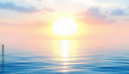 Serene vista of a calming seascape where a vibrant sun meets the horizon, painting the water with glistening light and soft, pastel colors