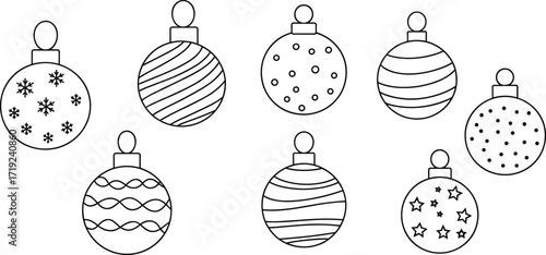 Black and white Christmas ornaments, festive holiday decorations, printable coloring page, winter craft design, DIY art, seasonal decor inspiration