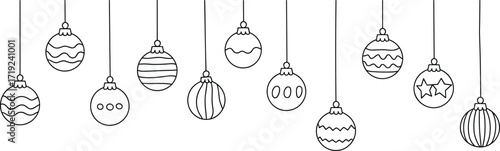 Black and white Christmas ornaments, festive holiday decorations, printable coloring page, winter craft design, DIY art, seasonal decor inspiration