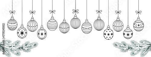 Black and white Christmas ornaments, festive holiday decorations, printable coloring page, winter craft design, DIY art, seasonal decor inspiration