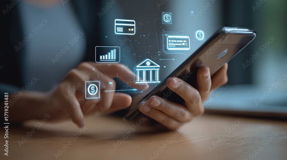 Empowering finances with mobile banking Seamlessly managing money accessing digital tools presented in cool focused Empowering finances with mobile banking Seamlessly managing money accessing digital tools presented in cool focused