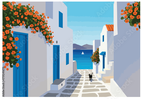 A charming alleyway in greece, bathed in sunlight, features whitewashed buildings adorned with vibrant orange flowers, creating a picturesque scene with a glimpse of the azure sea in the distance