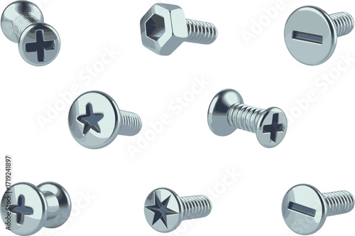 Metal screws vector illustration with various head designs including cross, hex, flat, and star types, suitable for hardware, tools, and construction.