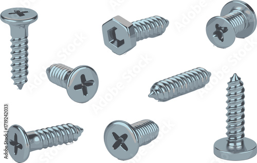 Metal screws vector illustration with different types of heads and threads, including cross, hex, and flat screw designs for hardware use.