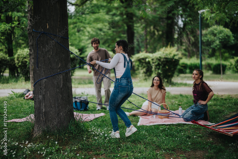 Fototapeta premium A group of friends spending time in a green park, setting up a hammock and relaxing on picnic blankets, embracing the joy of outdoor activities, leisure, and togetherness in a natural setting.