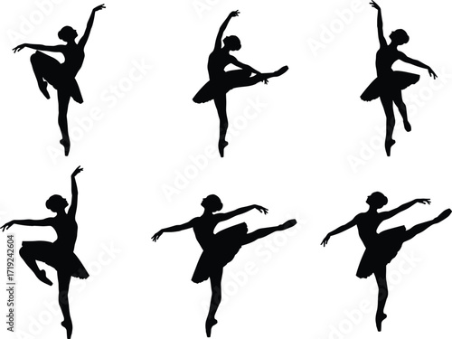 Ballet dancer silhouette set, elegant ballerinas in various poses, classical dance vector art, graceful movement illustration, stage performance design.