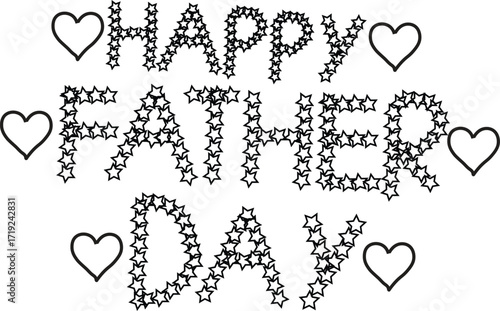 Father’s Day Typography Doodle – Black and White Vector Illustration of Starry Text and Heart Symbols for Celebration