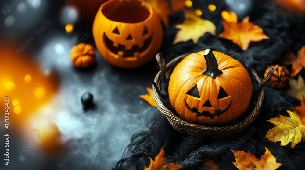 Fototapeta premium Halloween Still Life with Carved Pumpkins and Autumn Leaves