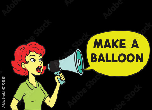 Woman shouting message through megaphone with speech bubble