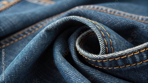 Close up of denim fabric showcasing detailed stitching and texture in natural light