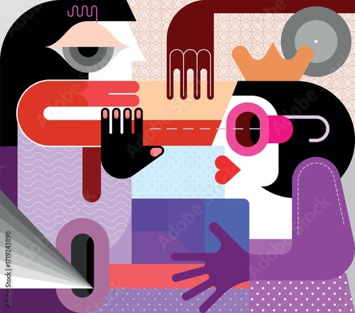 A woman with a crown on her head and a man gesturing to stop her. Modern art vector illustration, digital painting.