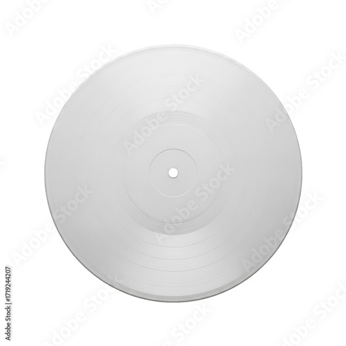 Pristine blank white vinyl record with etched grooves and central hole, centered against seamless black background, top-down studio shot with soft lighting, concept of blank canvas for music