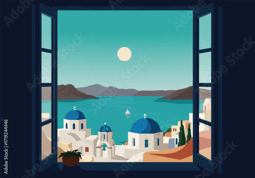 A picturesque view of santorini, greece, is framed by an open window, showcasing the iconic white buildings with blue domes against the backdrop of the aegean sea and distant islands, creating a seren