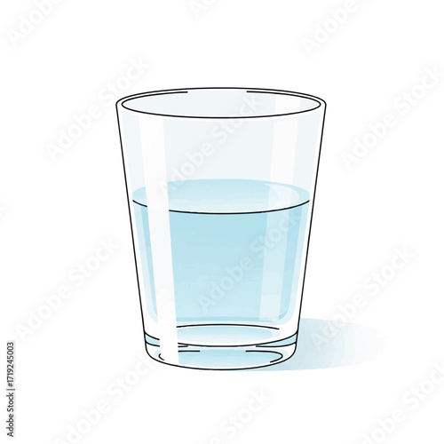 Illustration of a clear glass filled with water on a white background with a subtle shadow.
