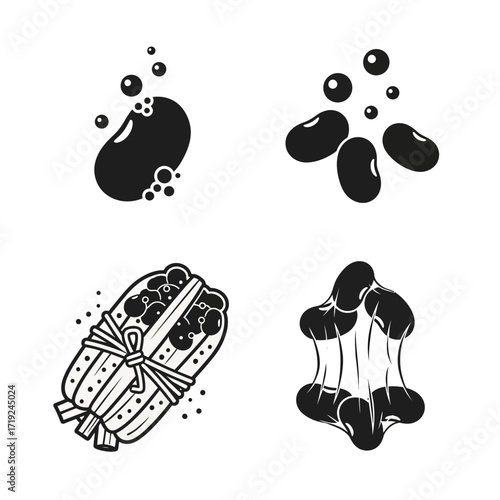 Black beans in different forms, including cooked and raw, with bubbles.