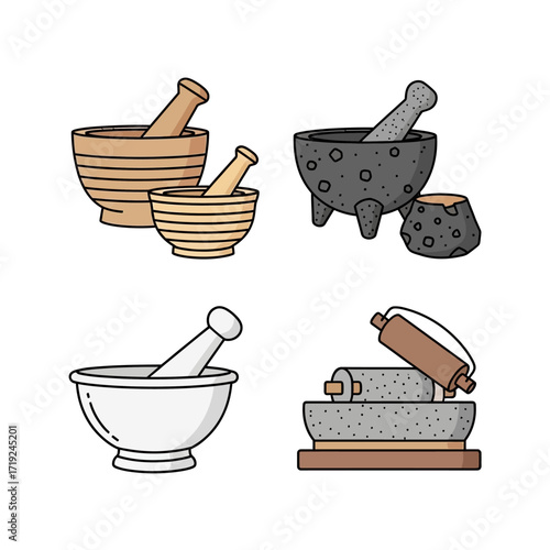 Collection of mortars and pestles of various materials and sizes.