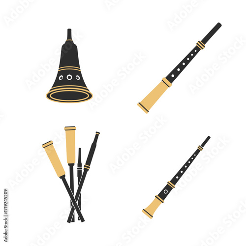 Collection of musical instruments including bagpipes and oboes in various arrangements.