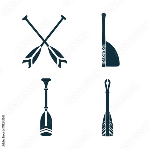 Collection of stylized paddle illustrations for water sports and recreation.