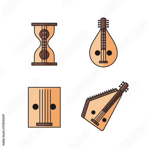 Collection of stringed musical instruments.