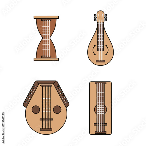 Collection of various stringed instruments.