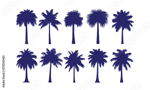 50 icon set vector art of ten dark blue palm tree silhouettes in two rows