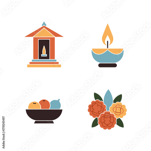 Diwali Festival Elements - Lamps, Fruits, and Flowers.