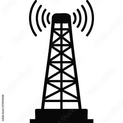 A black and white illustration of a communication tower with radiating signals on a white background view silhouette