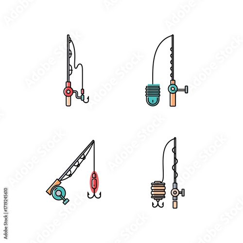 Fishing Rods and Tackle Color Icons Set for Hobby and Sport.