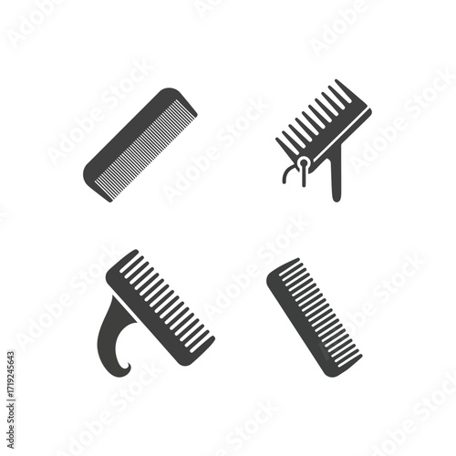 Four different black combs for hair grooming and styling.