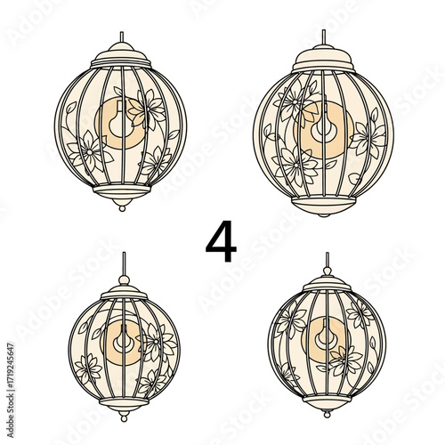four decorative hanging lamps with floral patterns.