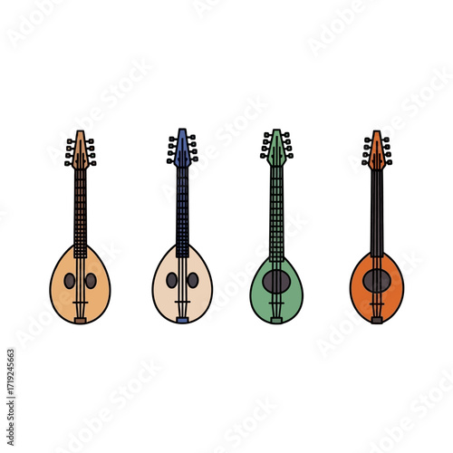 four different colored oud instruments.