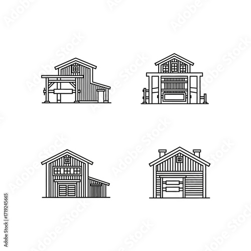 Four different black and white illustrations of barns and sheds.