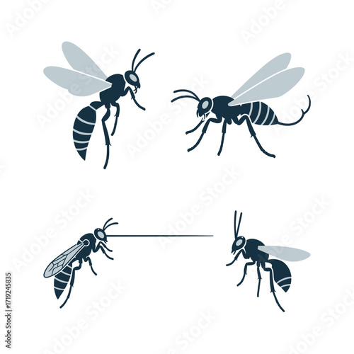 Four stylized wasps in flight and interaction.