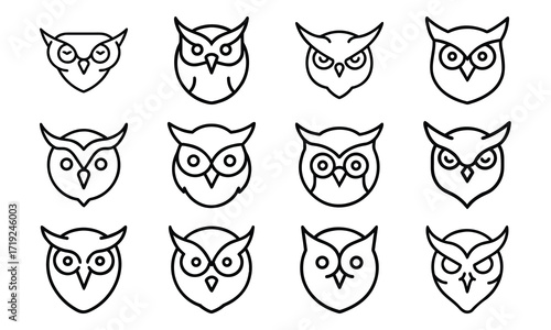 Collection of Line Art Icons – Birds, Flying Dove, Duck Family, Owl Face, Hummingbird, Parrot, Kite, Crane, and Decorative Floral Symbol Outline on White Background