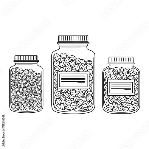Hand drawn illustration of three glass jars filled with coffee beans.