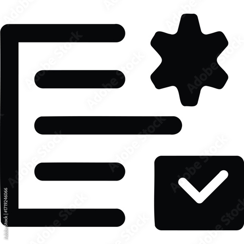 A black and white graphic icon showing a document with lines a gear and a checkmark in a box design silhouette