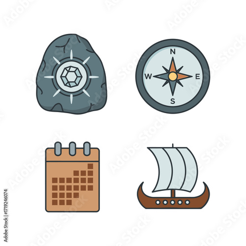Icons representing navigation, time, and exploration with a stone, compass, calendar, and Viking ship.