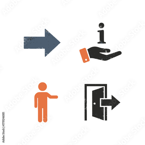 Icons representing direction, information, guidance, and exit.